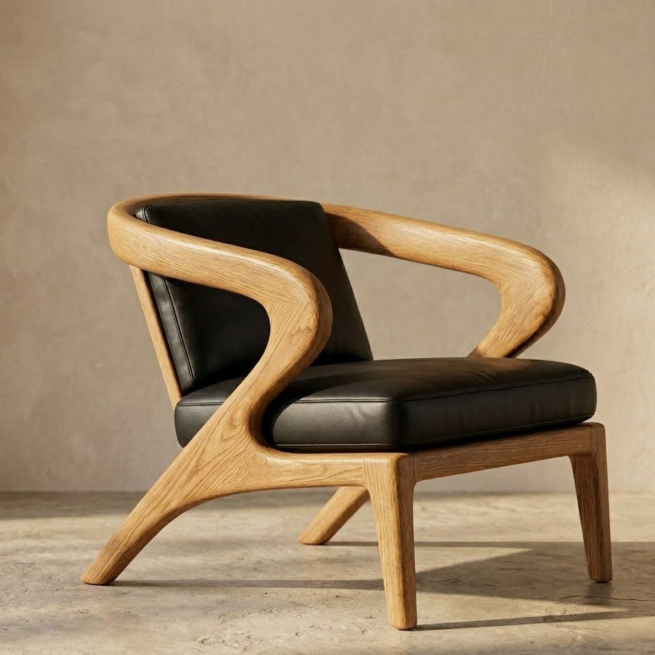 Sculptural Accent Chair – Solid Wood Lounge Chair with Cushioned Seat