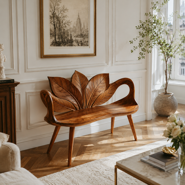 Leaf Back Wood Bench – Solid Wood Entryway Bench with Sculptural Leaf Design for Home Decor Hover Image