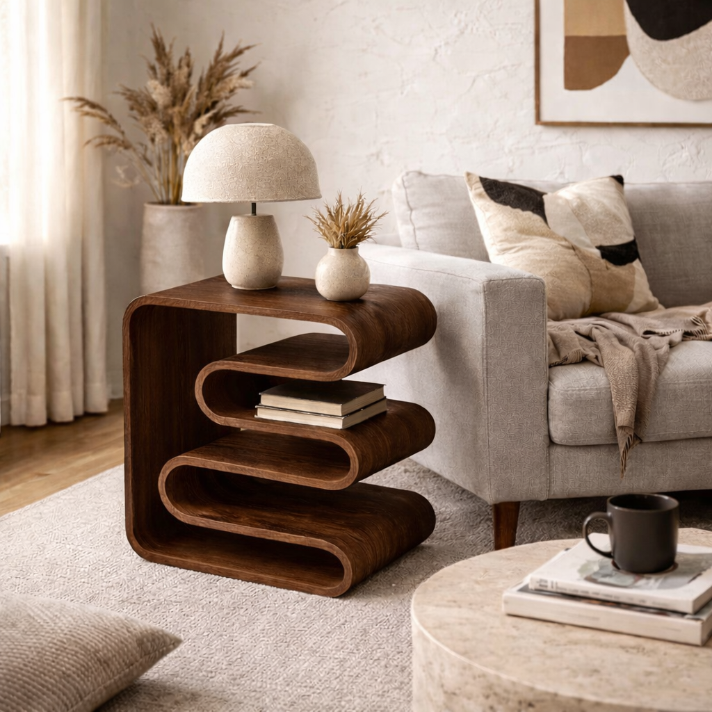 Sculptural Side Table – Solid Wood Table for Living Room and Bedroom