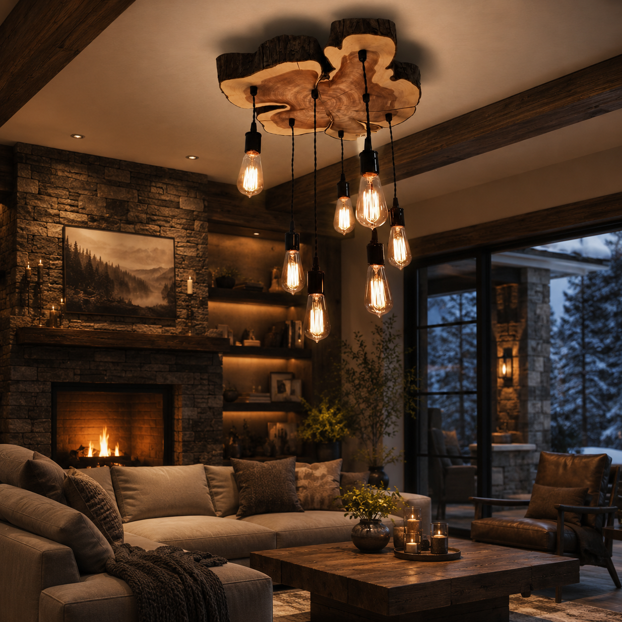 Wood Pendant Light – Solid Wood Ceiling Lamp with Hanging Bulbs