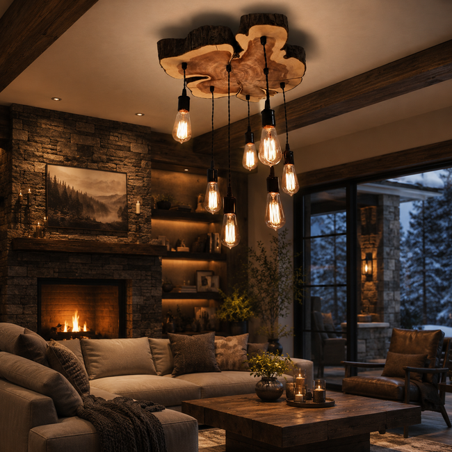 Wood Pendant Light – Solid Wood Ceiling Lamp with Hanging Bulbs Hover Image