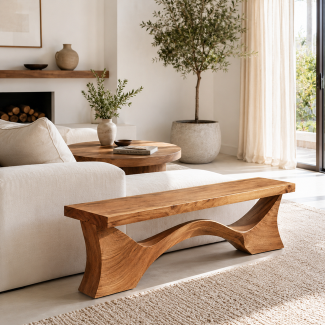 Sculptural Wood Entryway Bench – Solid Wood Hallway Bench with Curved Base for Home Decor Main Image