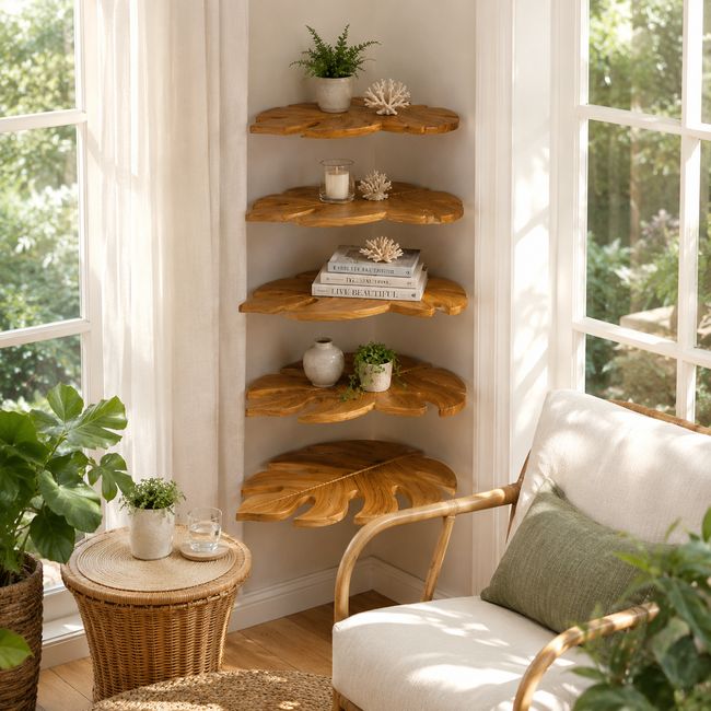 Corner Wood Wall Shelf – Solid Wood Floating Display Shelf for Living Room Decor Main Image