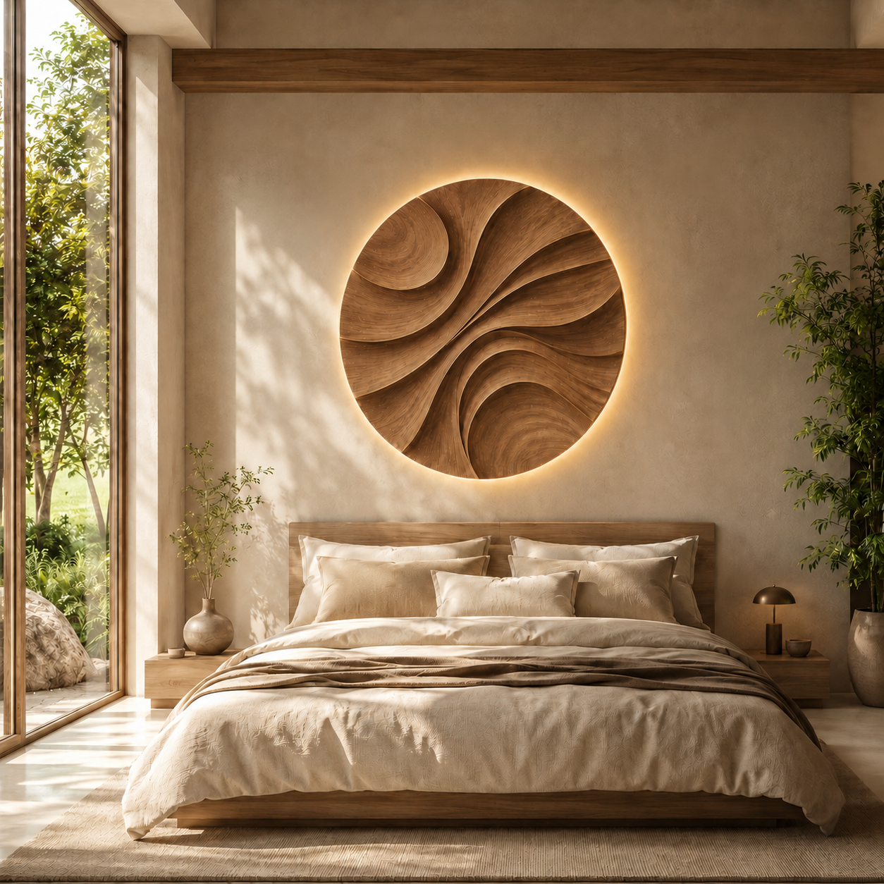 Round Wood Wall Art – Solid Wood Backlit Wall Decor for Bedroom Decor