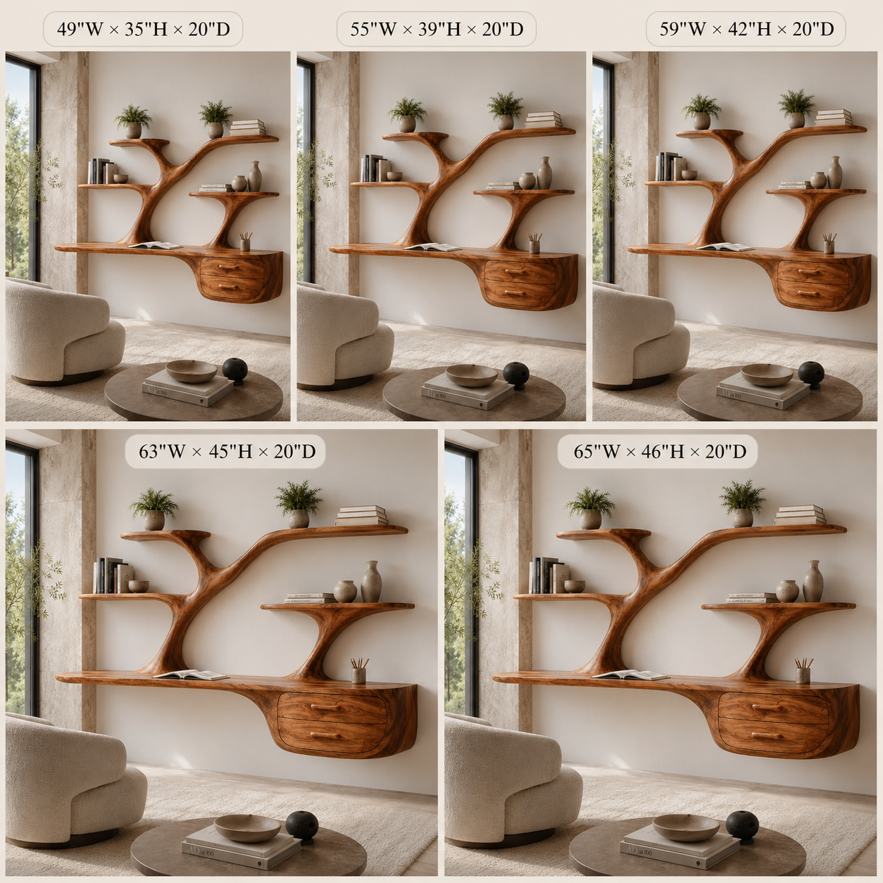 Tree Branch Wood Floating Desk – Solid Wood Wall Mounted Desk with Display Shelves for Home Office Decor