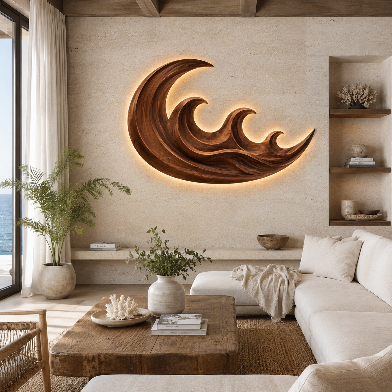 Wave Wood Wall Art – Solid Wood Backlit Wall Decor for Bedroom Decor