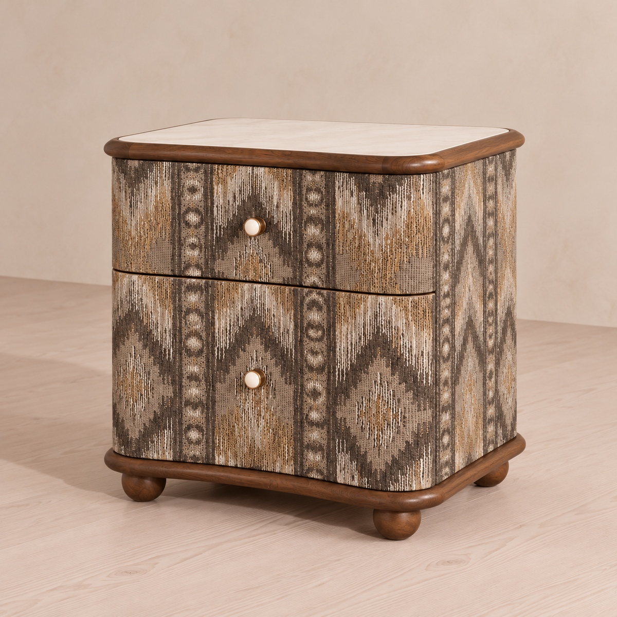 Patterned Two-Drawer Wood Nightstand with Stone Top