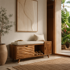 Wood Entryway Storage Bench – Solid Wood Shoe Bench with Cushion and Carved Cabinet Doors