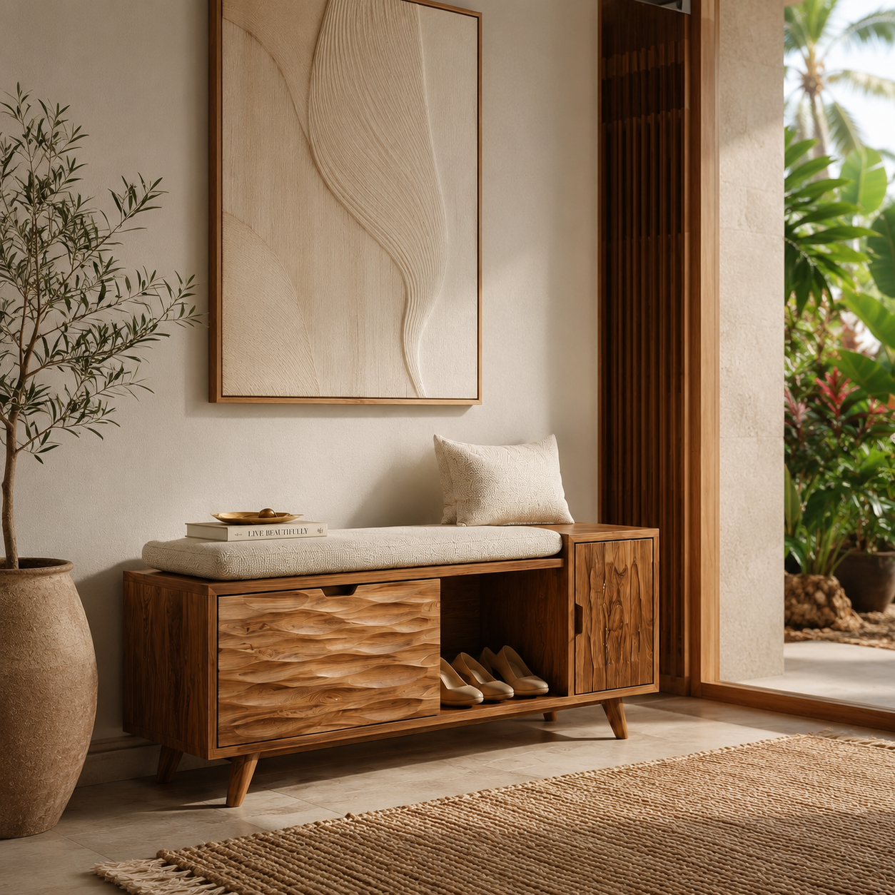 Wood Entryway Storage Bench – Solid Wood Shoe Bench with Cushion and Carved Cabinet Doors