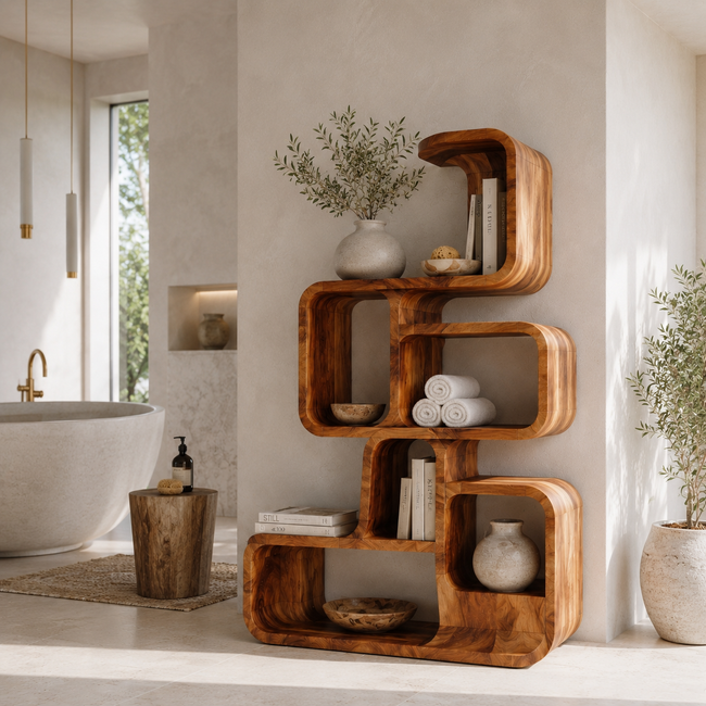 Geometric Bookcase – Solid Wood Display Shelf for Modern Home Hover Image