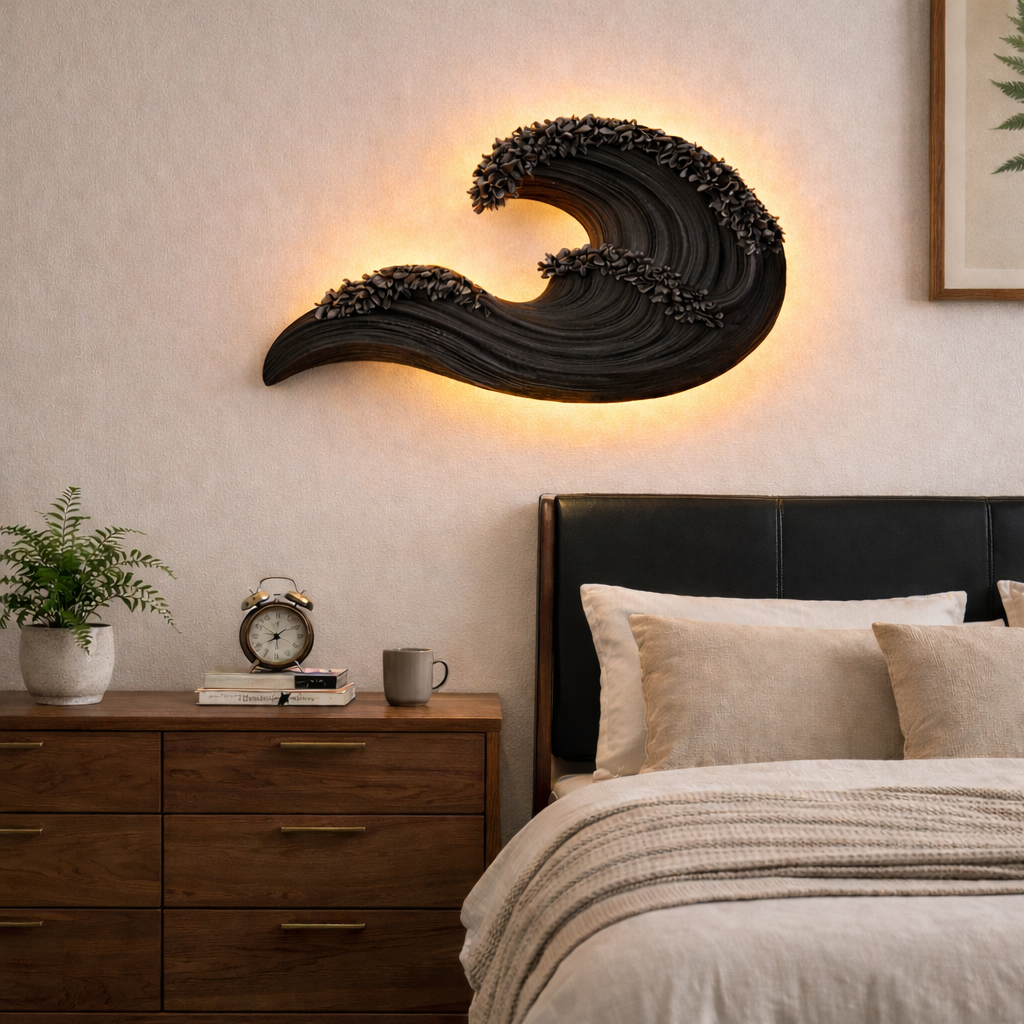 Wave-Inspired Solid Wood Wall Lamp – Artistic Ambient Lighting