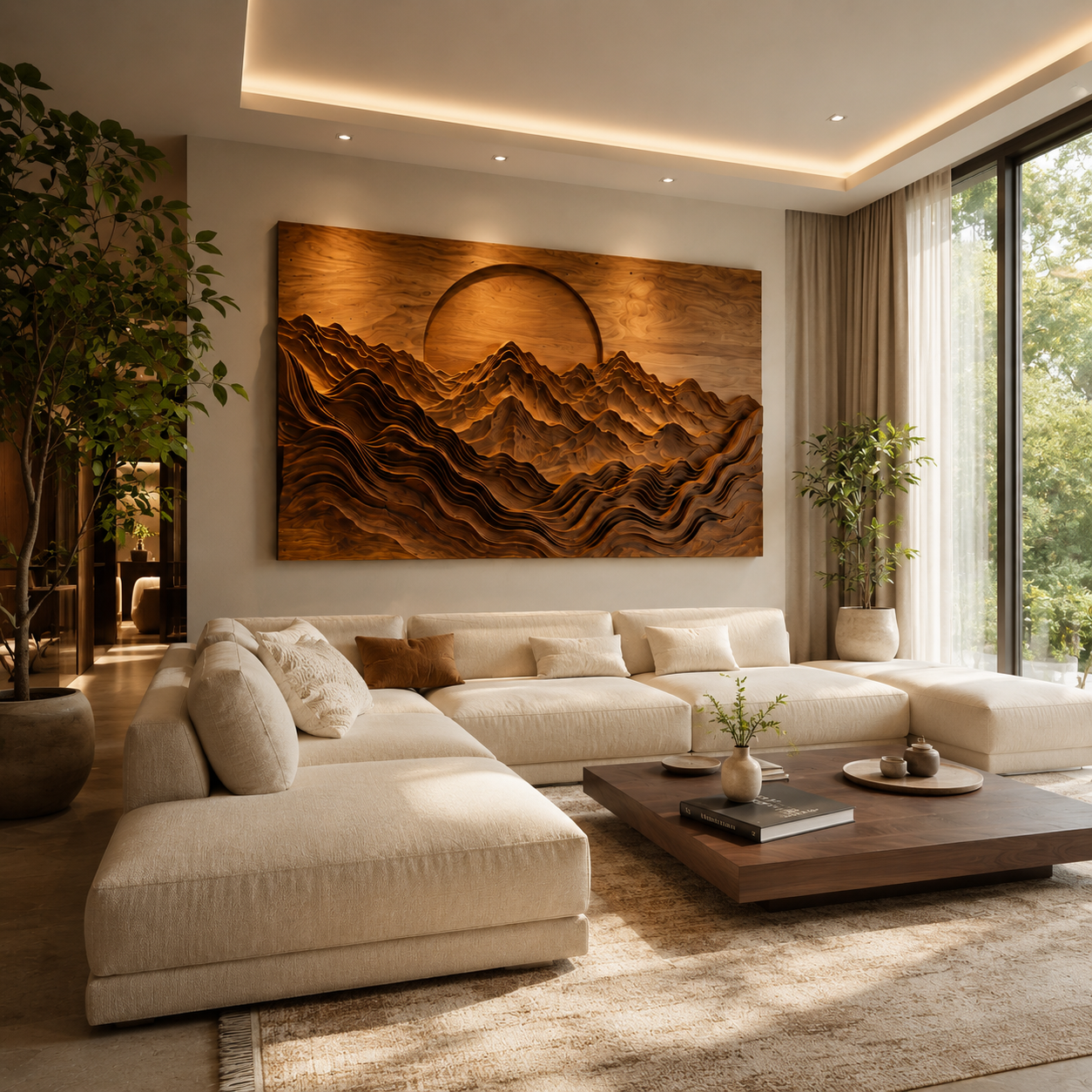 Mountain Wood Wall Art – Solid Wood Carved Landscape Wall Decor for Living Room Decor