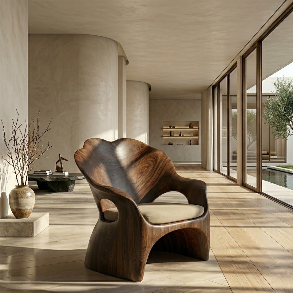 Sculptural Lounge Chair – Solid Wood Accent Chair with Cushioned Seat