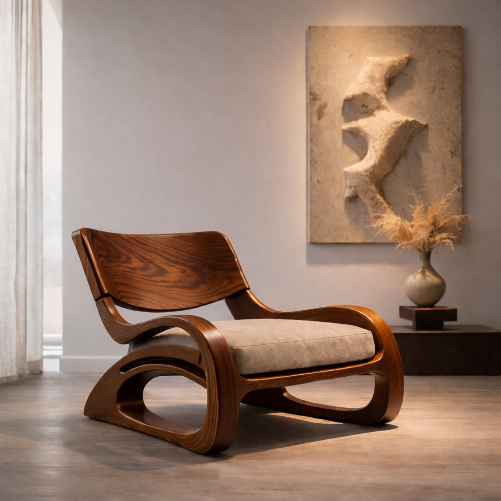 Sculptural Accent Chair – Solid Wood Lounge Chair for Living Room
