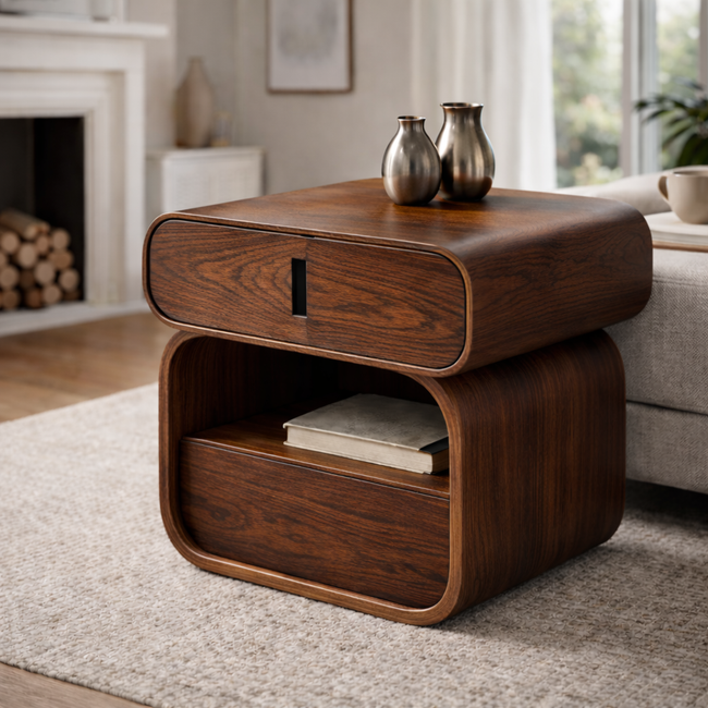Modern Wooden Side Table with Storage – Rounded Minimalist Nightstand Main Image