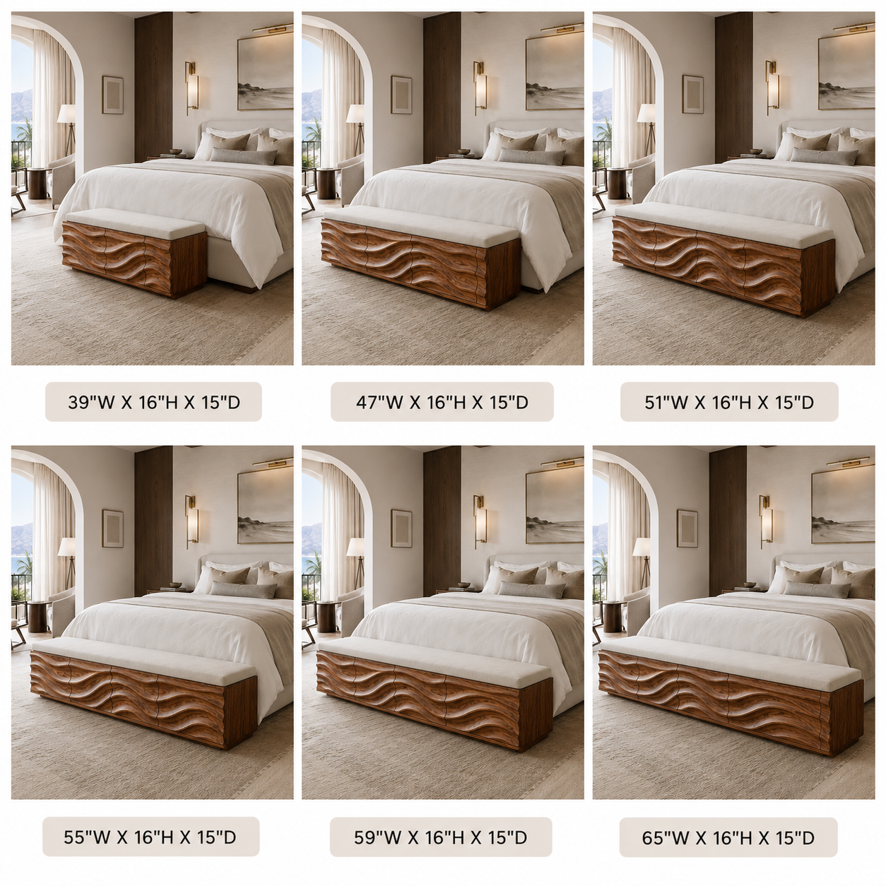 Wave Carved Wood Bedroom Bench – Solid Wood End of Bed Storage Bench with Upholstered Cushion