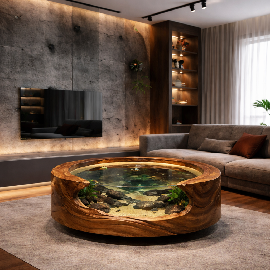 Solid Wood Round Aquarium Coffee Table – Sculptural Fish Tank Design