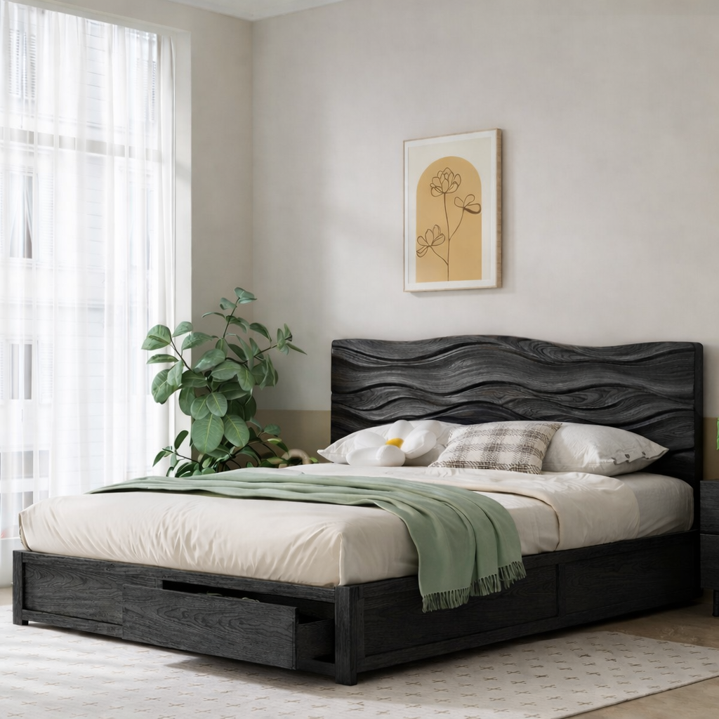 Solid Wood Bed Frame with Sculpted Wave Headboard – Organic Design
