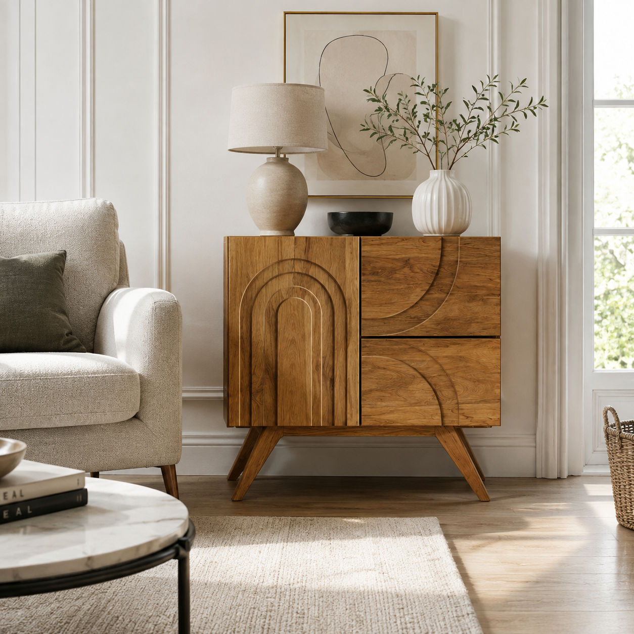 Arch Carved Wood Accent Cabinet