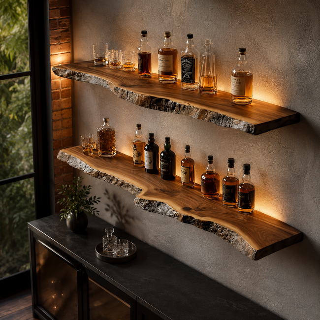 Live Edge Bar Shelves – Solid Wood Floating Shelves for Home Bar Hover Image