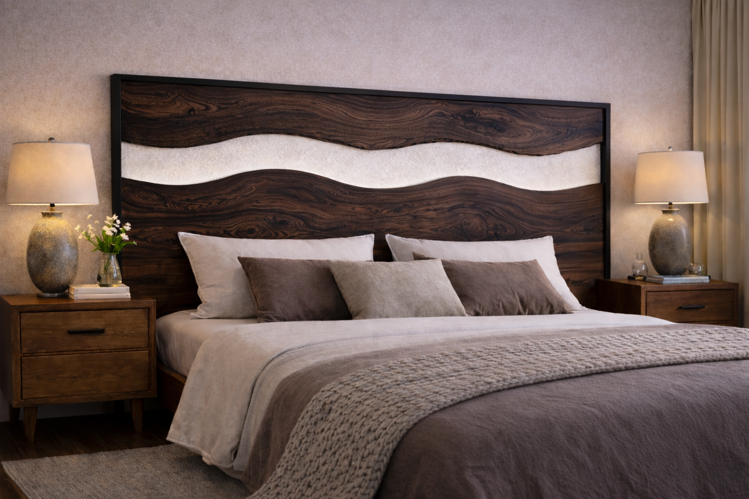 Solid Wood Wave Headboard – Sculptural Open Design