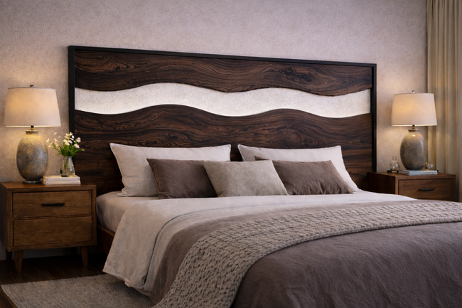 Solid Wood Wave Headboard – Sculptural Open Design Hover Image