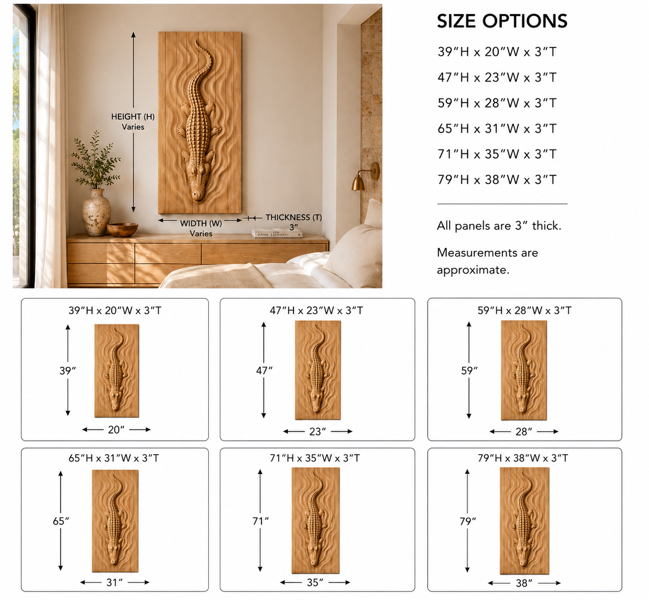 Crocodile Wood Wall Art – Solid Wood 3D Relief Carving for Bedroom Decor