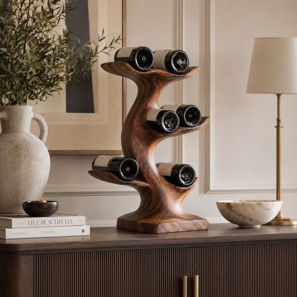 Tree Branch Wood Wine Rack – Solid Wood Bottle Display Stand for Home Bar Decor