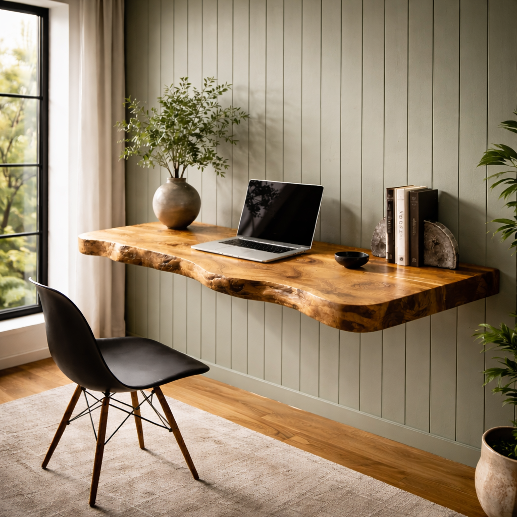 Live Edge Floating Desk – Solid Wood Wall-Mounted Desk for Home Office Decor