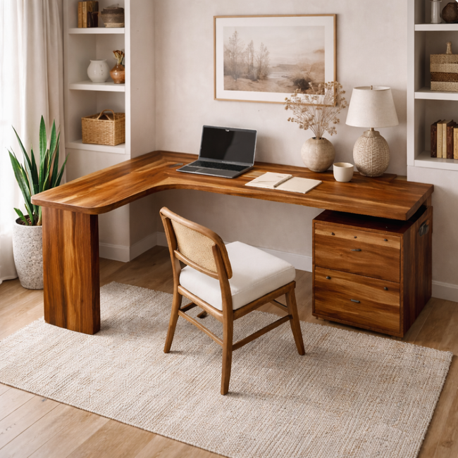 Solid Wood L-Shaped Corner Desk with Drawers for Home Office Hover Image