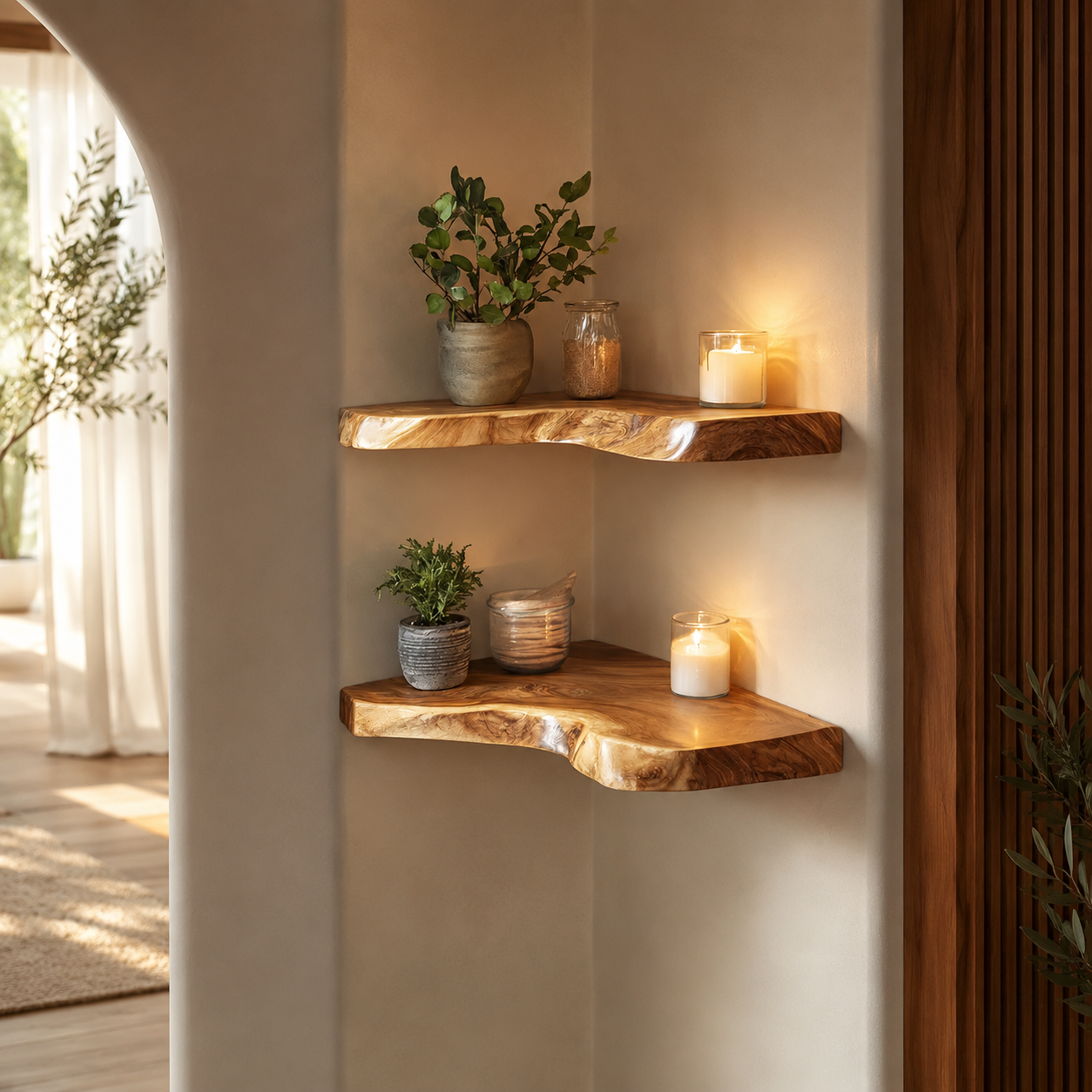 Live Edge Corner Shelves – Solid Wood Floating Shelves for Home Decor