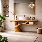 Organic Flow Wooden Bathroom Vanity with Large Mirror – Wall-Mount Design