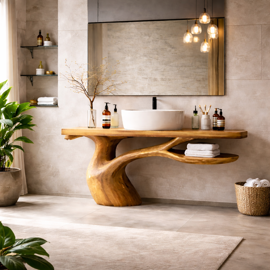 Organic Flow Wooden Bathroom Vanity with Large Mirror – Wall-Mount Design