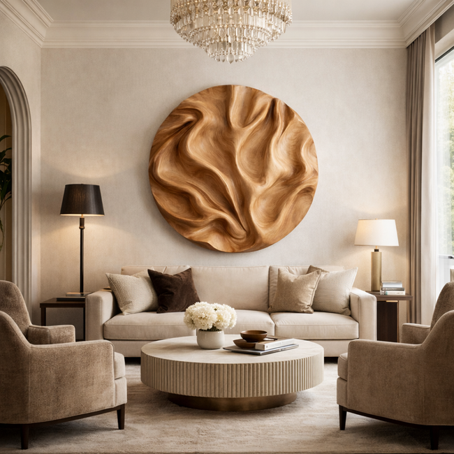 Hand-Carved Round Wooden Wall Art | Organic Wave Sculpture Wall Panel Main Image