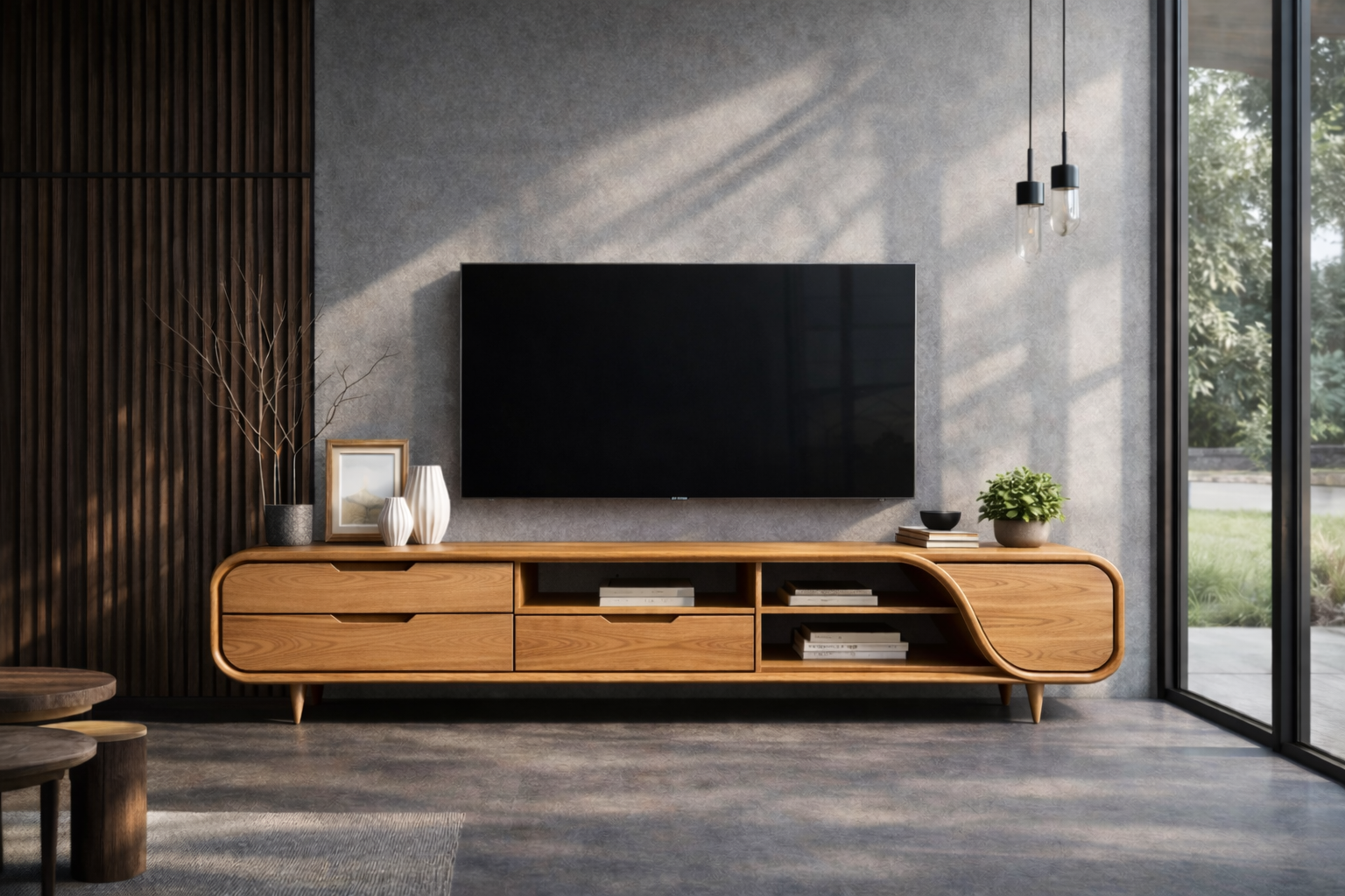 Solid Wood Curved Media Console – Low Profile TV Stand