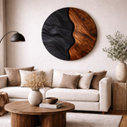 Round Wood Wall Art – Sculptural Black and Walnut Decor for Living Room