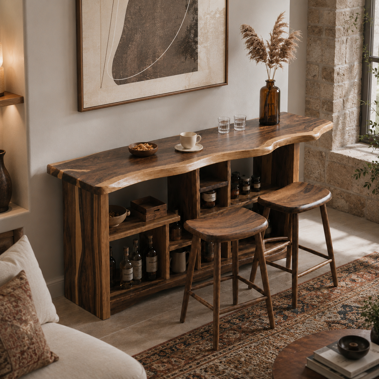Live Edge Wood Bar Table Set – Solid Wood Home Bar Counter with Stools for Living Room Decor