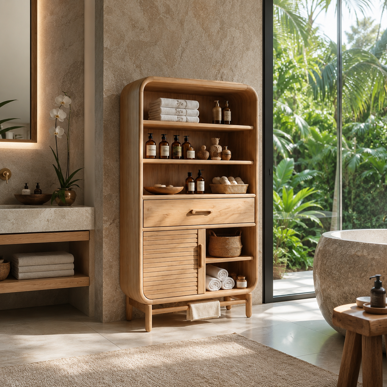 Rounded Wood Bathroom Storage Cabinet – Solid Wood Linen Cabinet with Shelves for Bathroom Decor