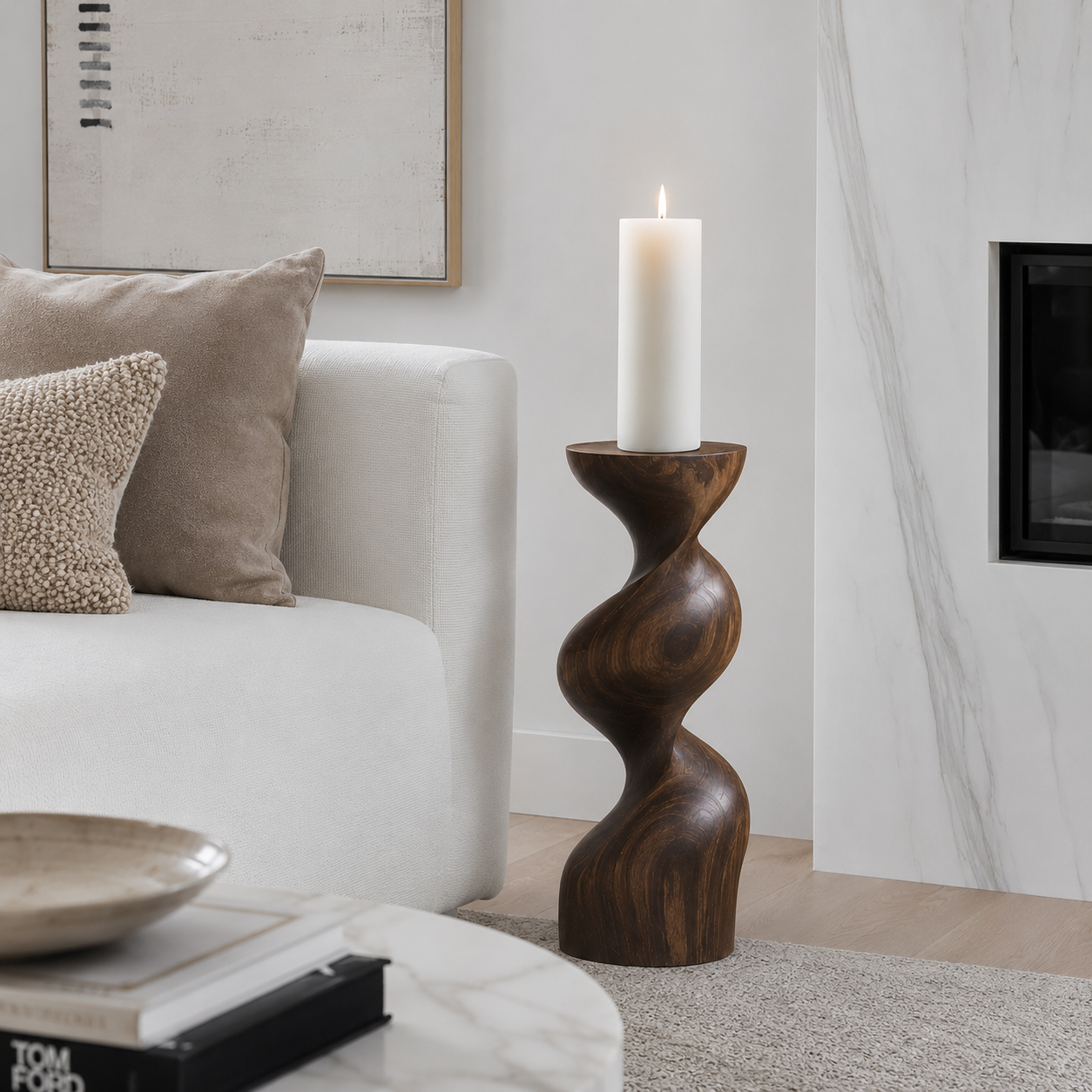 Twisted Wood Candle Holder – Solid Wood Sculptural Candle Stand for Living Room Decor