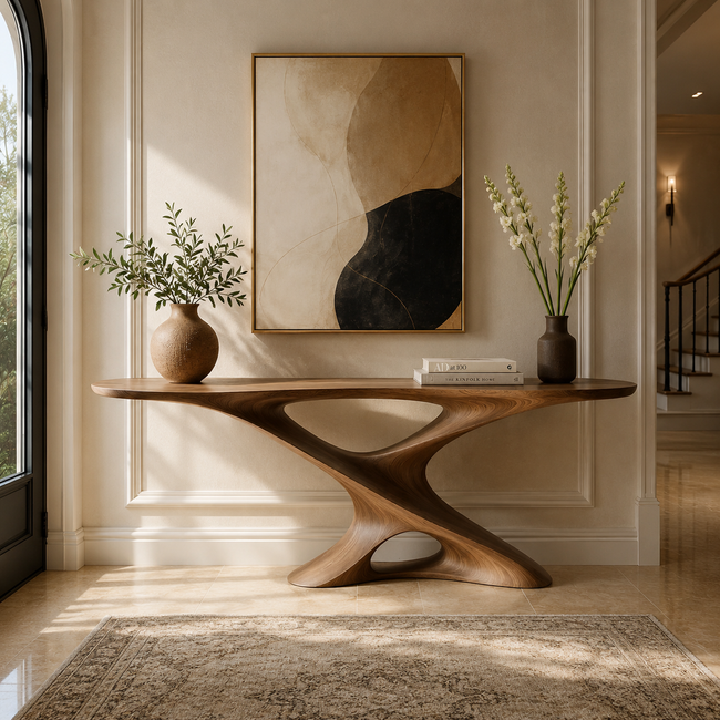 X-Base Console Table – Sculptural Solid Wood Entryway Table Hover Image