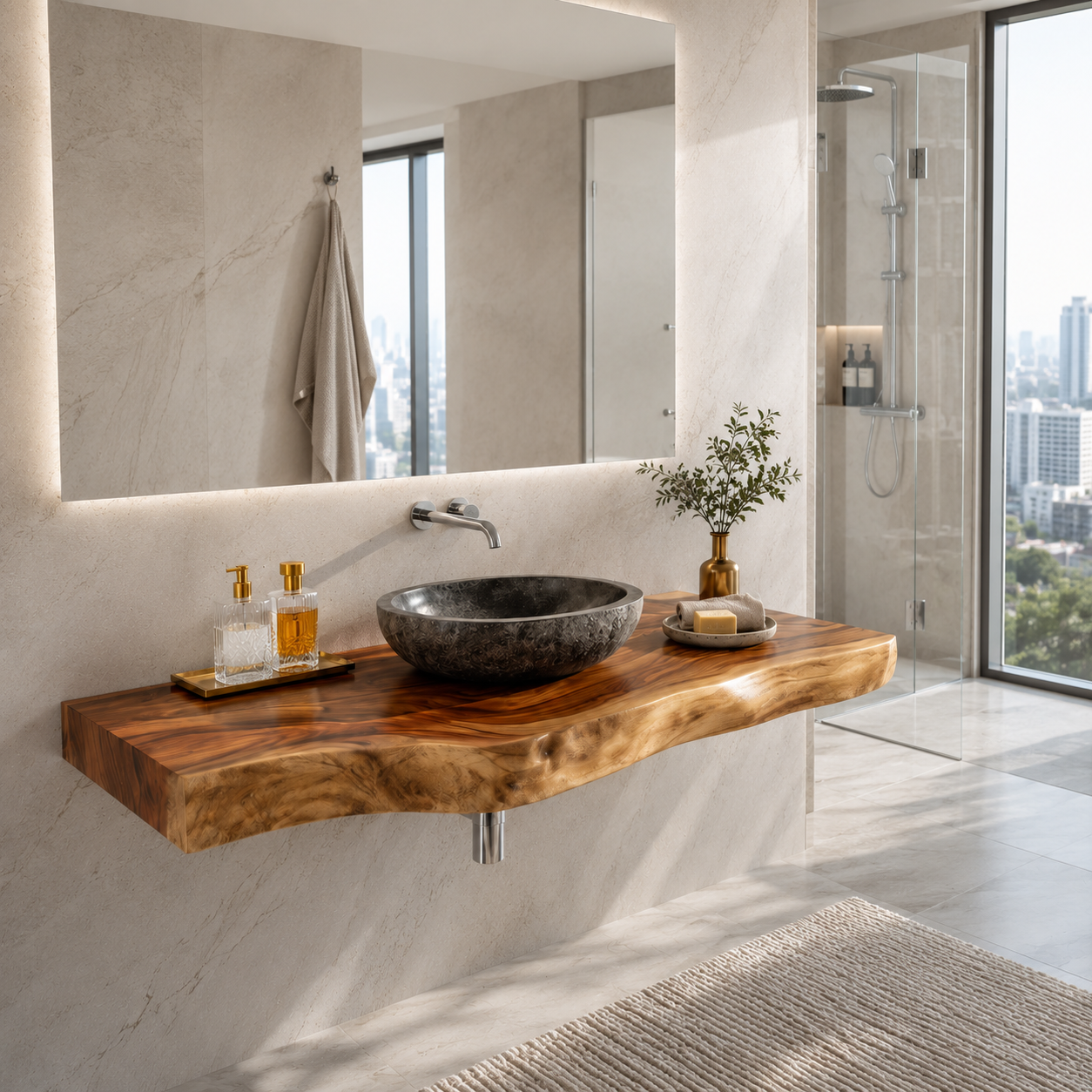 Live Edge Wood Floating Bathroom Vanity – Solid Wood Wall Mounted Sink Console for Bathroom Decor