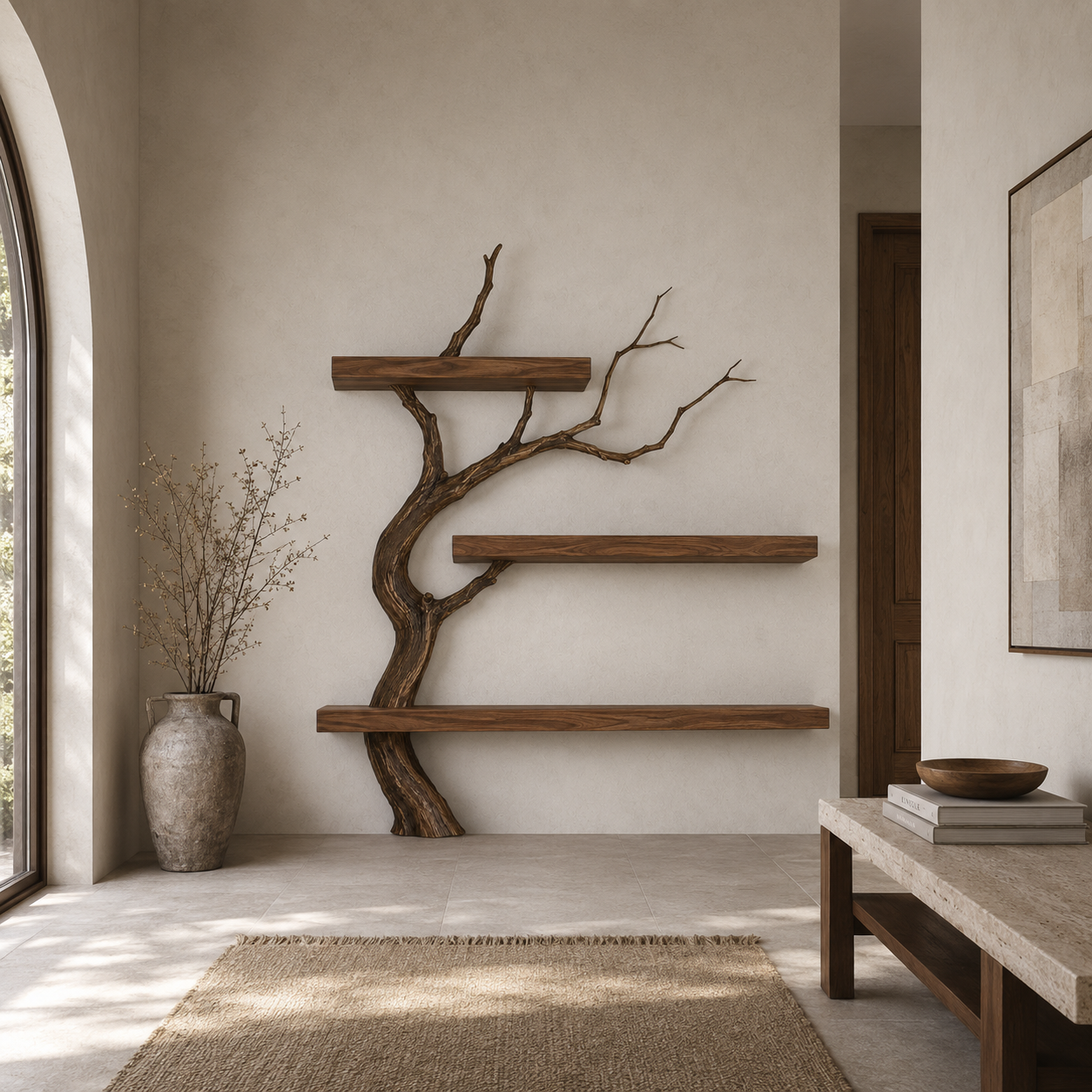 Tree Branch Wood Bookshelf – Solid Wood Wall Shelf with Natural Branch Design