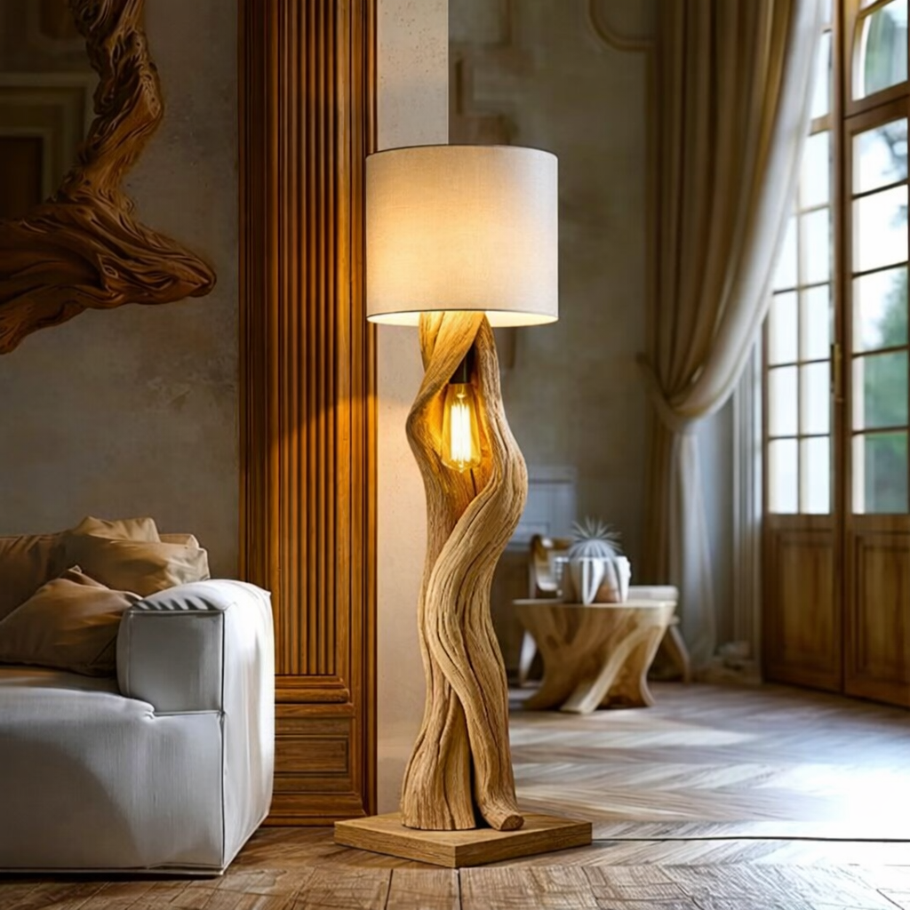 Sculptural Solid Wood Floor Lamp – Hand-Carved Organic Design
