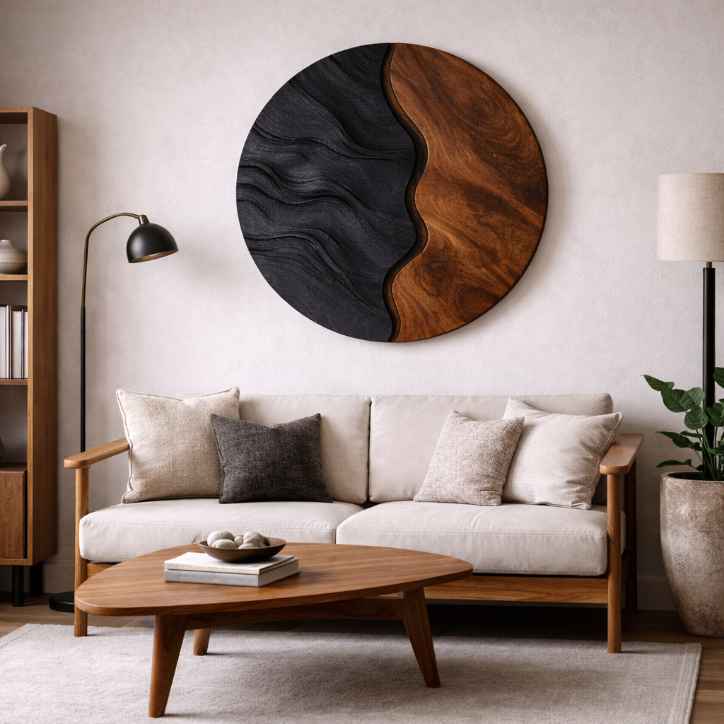 Round Wood Wall Art – Sculptural Black and Walnut Decor for Living Room