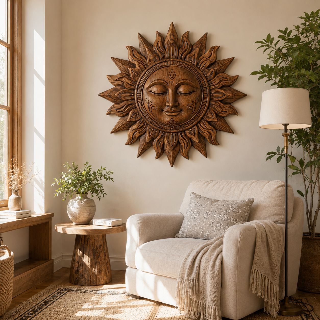 Carved Sun Face Wood Wall Art