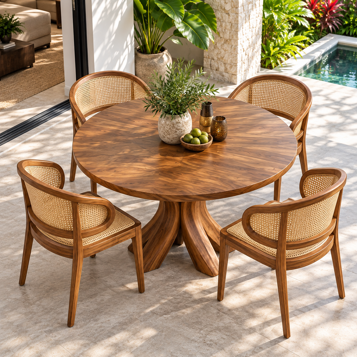 Sculptural Petal Base Round Wood Dining Table