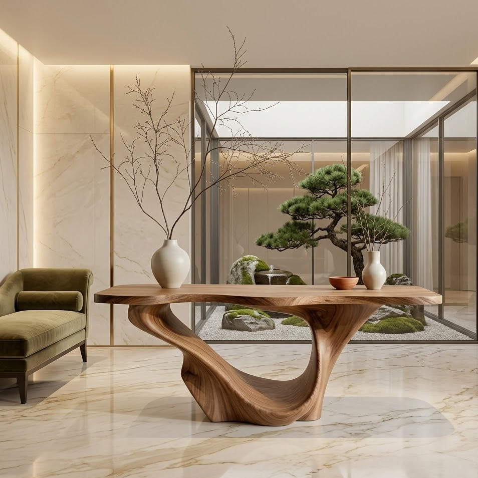 Sculptural Console Table – Solid Wood Entryway Table with Curved Base