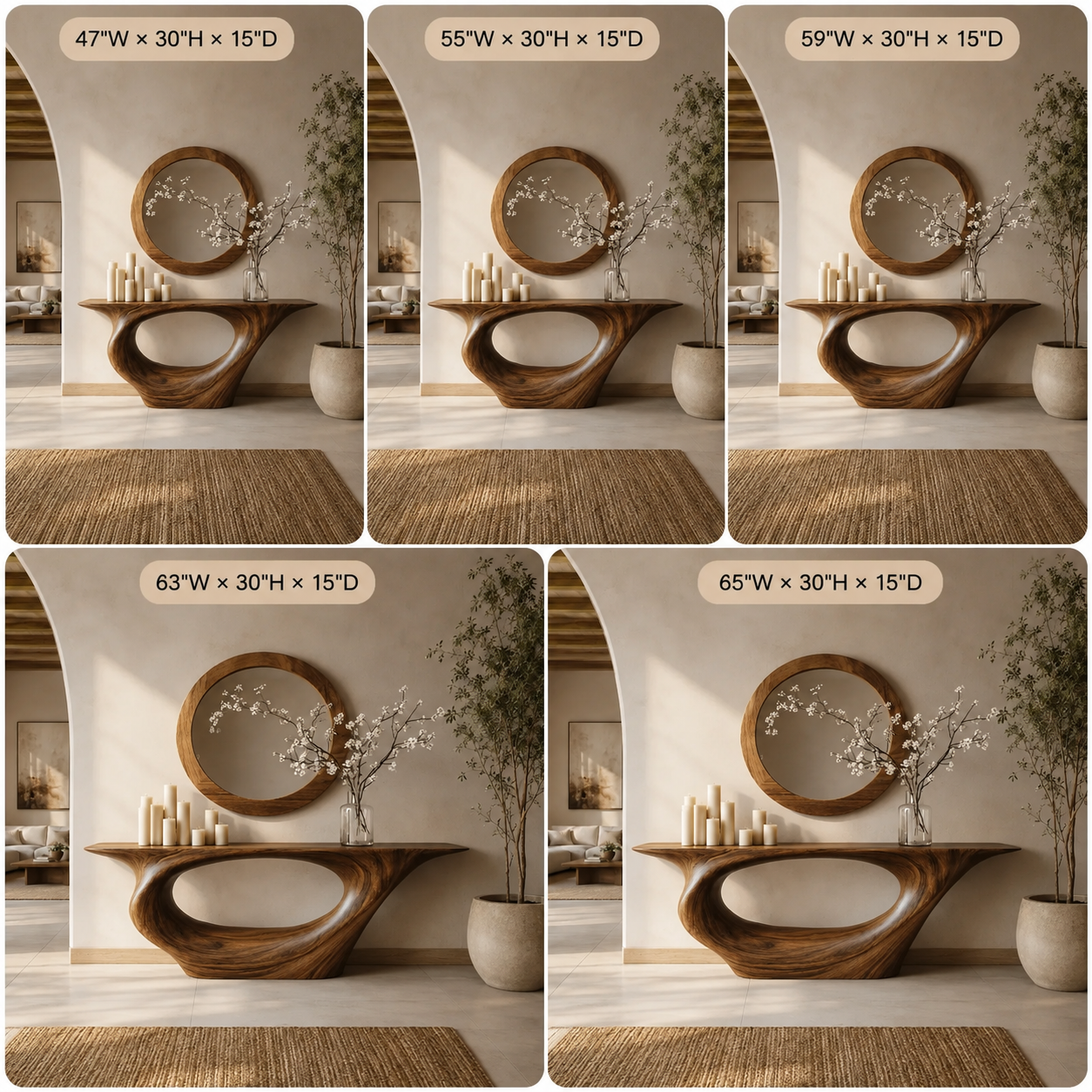 Sculptural Console Table – Solid Wood Entryway Table with Round Mirror
