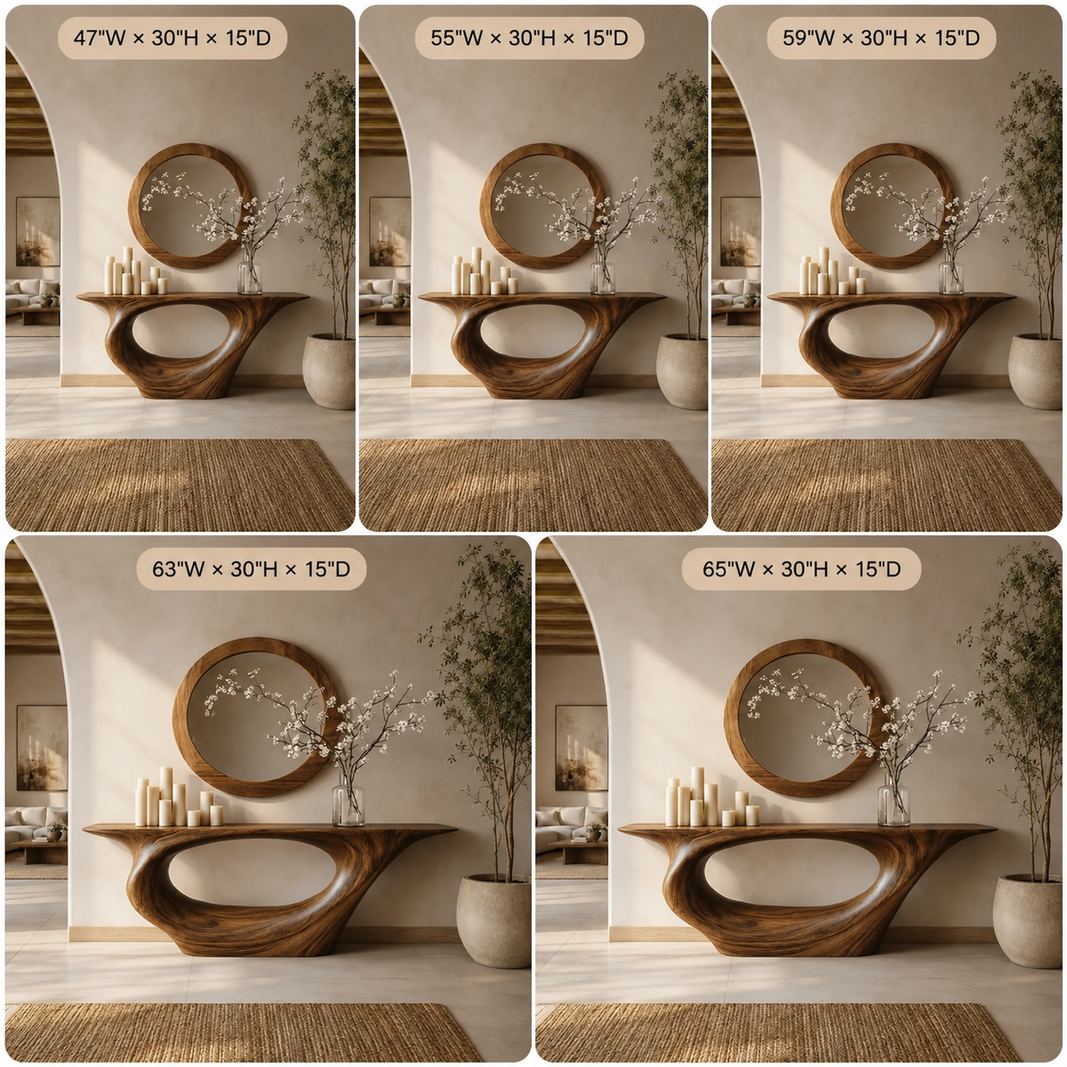 Sculptural Console Table – Solid Wood Entryway Table with Round Mirror