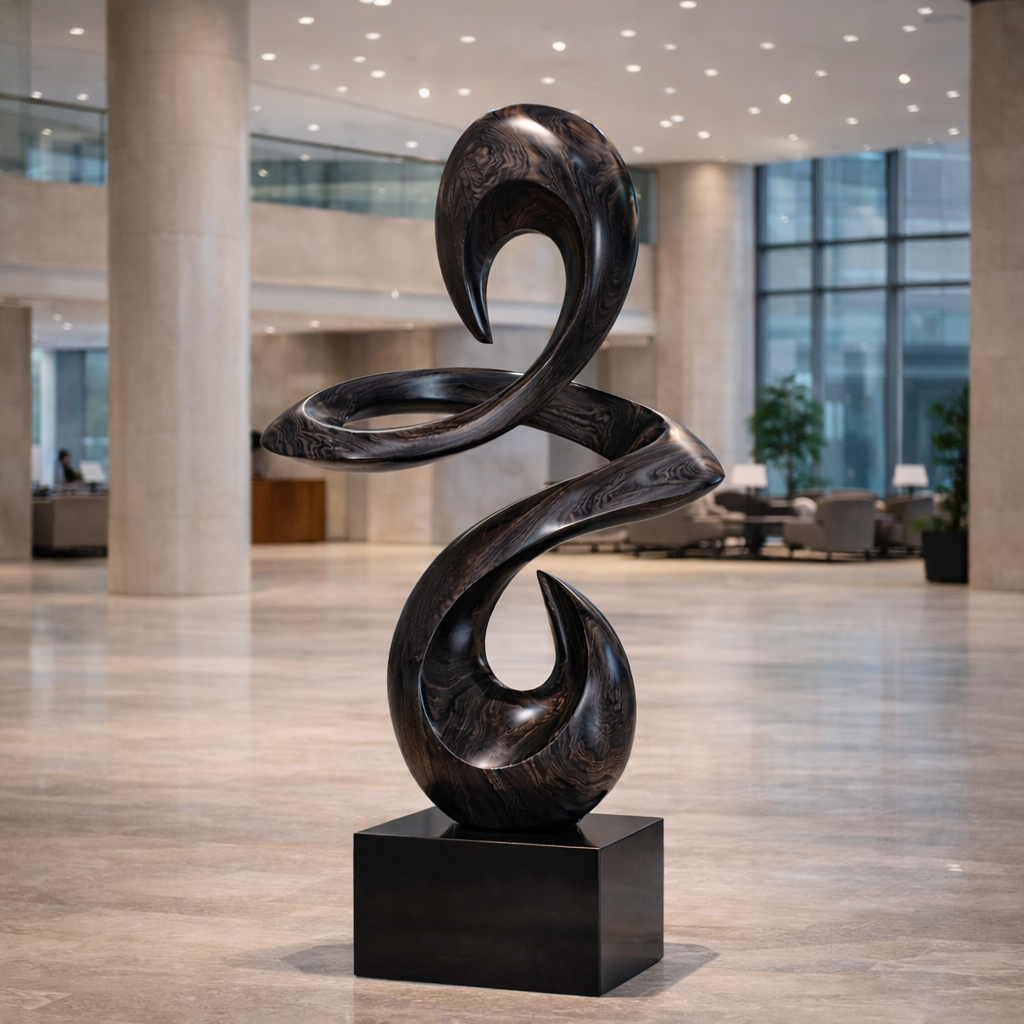 Abstract Wooden Sculpture – Modern Pedestal Art for Interior and Lobby Decor